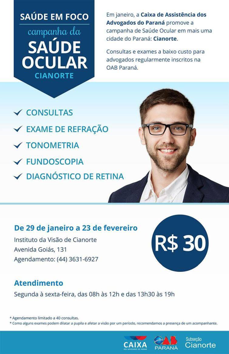 Atendimento será realizado no Instituto da Visão de Cianorte, mediante agendamento pelo telefone (44) 3631-6927 - Foto: Divulgação Atendimento será realizado no Instituto da Visão de Cianorte, mediante agendamento pelo telefone (44) 3631-6927 - Foto: Divulgação