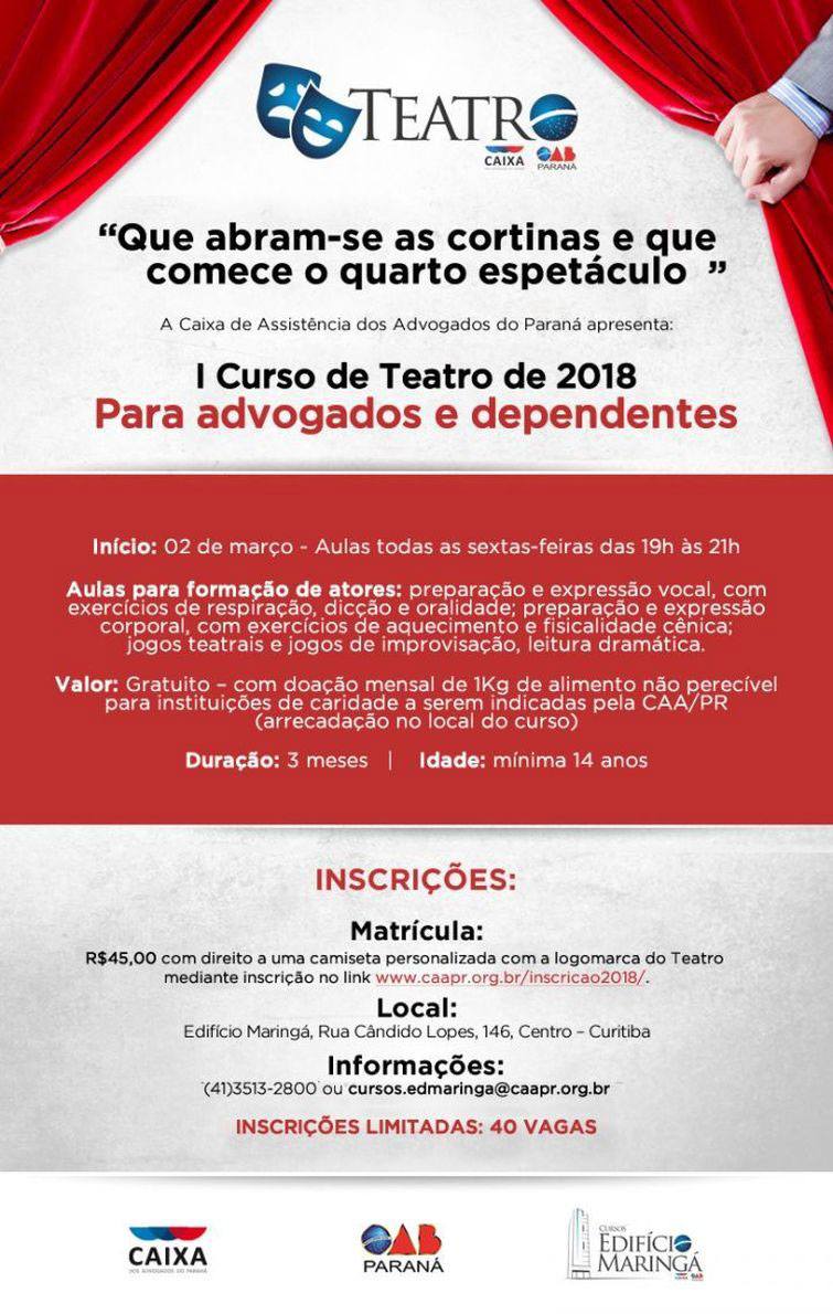 Inscrições pelo site www.caapr.org.br/inscricao2018/, mediante pagamento de taxa de matrícula no valor de R$ 45,00 - Foto: Divulgação