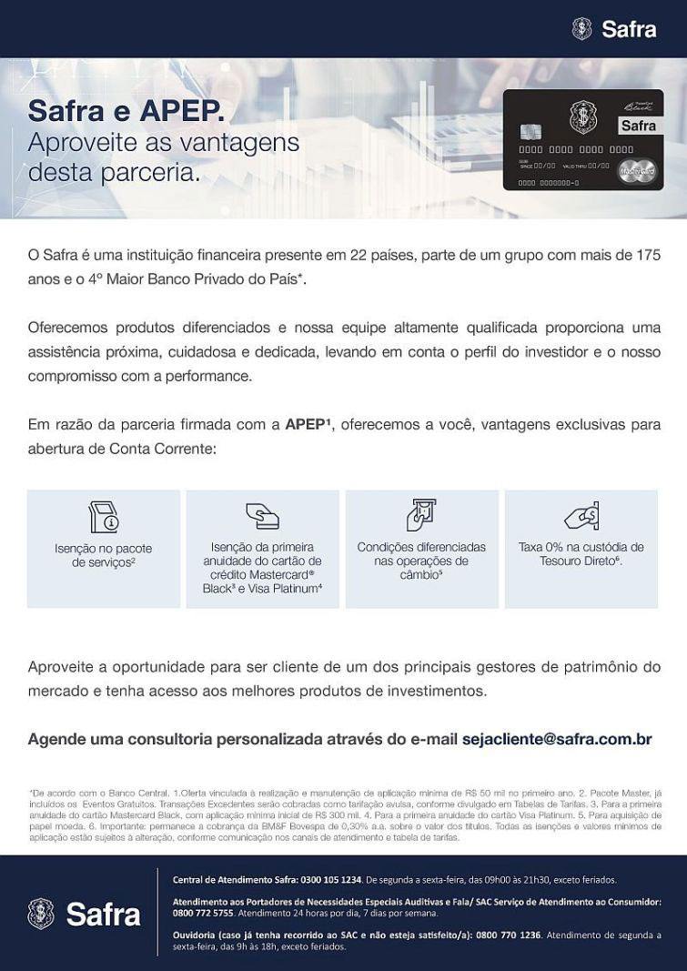 Dúvidas e mais informações sobre os benefícios pelo e-mail sejacliente@safra.com.br - Foto: Divulgação Dúvidas e mais informações sobre os benefícios pelo e-mail sejacliente@safra.com.br - Foto: Divulgação