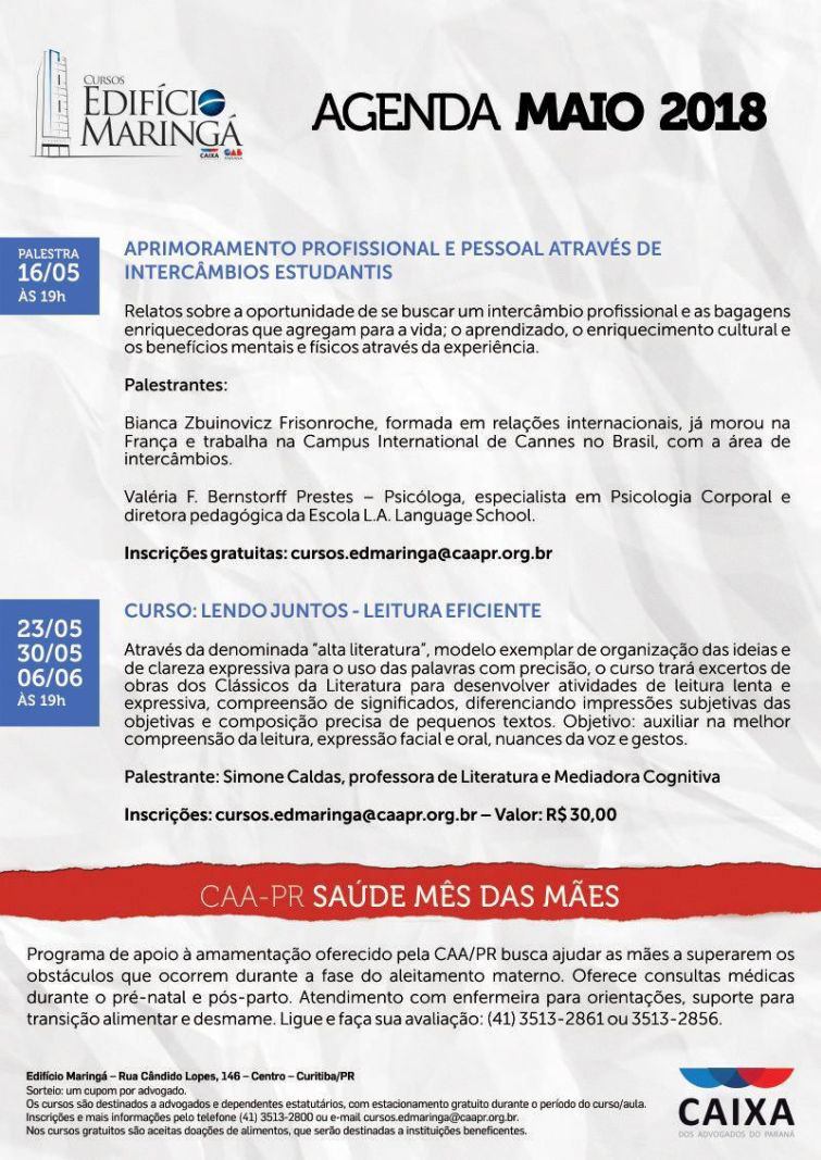 Agenda de Maio leva programação especial para o Edifício Maringá da CAA/PR - Foto: Divulgação Agenda de Maio leva programação especial para o Edifício Maringá da CAA/PR - Foto: Divulgação